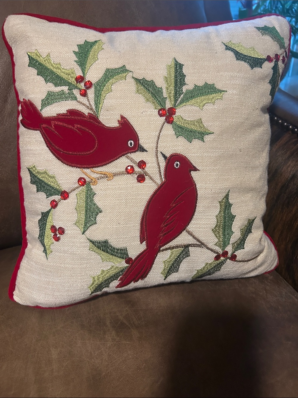 Festive Cardinal Embroidered Holiday Pillow - Red & Cream
